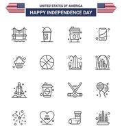 16 Usa-Linienpaket mit Zeichen und Symbolen für den Unabhängigkeitstag von Party-Cola-Alkohol-Soda-Bier editierbare Usa-Tag-Vektordesign-Elemente vektor