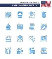 Packung mit 16 usa-Unabhängigkeitstag-Feier-Blues-Zeichen und 4. Juli-Symbolen wie Kuchen, amerikanische Karte, Ring, Lagestift, bearbeitbare usa-Tag-Vektordesign-Elemente vektor