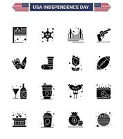 4. juli usa glücklicher unabhängigkeitstag symbol symbole gruppe von 16 modernen soliden glyphen der flasche waffe brücke hand tourismus editierbare usa tag vektor design elemente