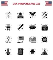 packa av 16 USA oberoende dag firande fast glyfer tecken och 4:e juli symboler sådan som laga mat utegrill mat skjuta brand redigerbar USA dag vektor design element