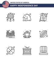 Lycklig oberoende dag 4:e juli uppsättning av 9 rader amerikan pictograph av vagn turism kärlek landmärke Port redigerbar USA dag vektor design element