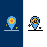 Karta navigering hus ikoner platt och linje fylld ikon uppsättning vektor blå bakgrund
