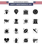 4. juli usa glücklicher unabhängigkeitstag symbol symbole gruppe von 16 modernen soliden glyphen der karte adler instrument feier amerikanisch editierbare usa tag vektor design elemente