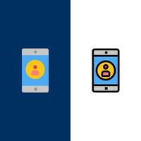 anwendung mobil mobile anwendung profil symbole flach und linie gefüllt icon set vektor blauen hintergrund