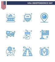 Happy Independence Day Pack mit 9 Blues-Zeichen und Symbolen für Saft-Alkohol-Standort USA-Karte editierbare USA-Tag-Vektordesign-Elemente vektor