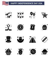 Lycklig oberoende dag 4:e juli uppsättning av 16 fast glyfer amerikan pictograph av amerikan is hockey fest hockey flagga redigerbar USA dag vektor design element