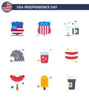 Stock Vektor Icon Pack von American Day 9 Zeilenzeichen und Symbolen für Saft Alkohol Wein Adler Tier editierbare Usa Day Vektor Design Elemente