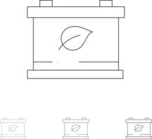 Batterie sparen grüne fette und dünne schwarze Linie Symbolsatz vektor