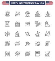 Linienpackung mit 25 Symbolen für den Unabhängigkeitstag der USA des Raumschiff-Launcherstandorts USA-Stadt editierbare USA-Tag-Vektordesign-Elemente vektor