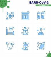 9 blaue Virus-Corona-Icon-Packs wie Krankheitsversorgung Blutpatientenbett Virus-Coronavirus 2019nov-Krankheitsvektor-Designelemente vektor