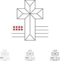 amerikanisches kreuz kirche fett und dünne schwarze linie symbolsatz vektor