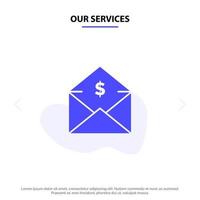 vår tjänster dollar post pengar postanvisning fast glyf ikon webb kort mall vektor