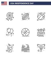 USA oberoende dag linje uppsättning av 9 USA piktogram av sporter backetball boll fest fira redigerbar USA dag vektor design element