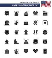 Packung mit 25 soliden Glyphenzeichen zur Feier des Unabhängigkeitstags der USA und Symbolen für den 4. Juli, wie z vektor