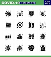 Coronavirus 16 Solid Glyph Black Icon Set zum Thema Corona-Epidemie enthält Icons wie Supervision Notfall Krankenversicherung Wassertropfen Seife Virus Coronavirus 2019nov Disease Vector de