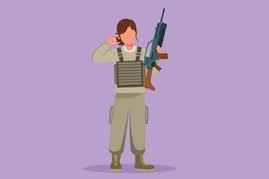 cartoon flache stil zeichnung schönheit weibliche soldaten oder armee stehend mit waffe, volle uniform, und rufen sie mich an geste, die dem land mit der stärke der streitkräfte dient. Grafikdesign-Vektorillustration vektor