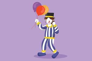 karaktär platt teckning kvinna clown stående och innehav ballonger med fira gest, bär hatt och clown kostym redo till underhålla publik i cirkus show. tecknad serie design vektor illustration