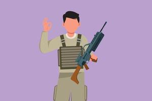 tecknad serie platt stil teckning manlig soldat i full uniformer, innehav vapen med Okej gest, redo till försvara Land på slagfält mot fiende. man armén på plikt. grafisk design vektor illustration