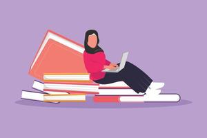 grafische flache designzeichnung arabische frau, die mit dem laptop sitzt und sich auf große bücher lehnt. zurück zur schule, intelligente studentin, online-lernausbildung. Cartoon-Stil-Vektor-Illustration vektor