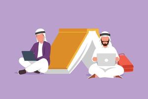 grafisches flaches Design, das zwei arabische Männer zeichnet, die mit Laptop studieren und sich auf ein großes Buch lehnen. zurück zur Schule, intelligenter Schüler, der zusammen sitzt und lernt, Online-Bildung. Cartoon-Stil-Vektor-Illustration vektor