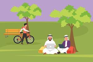 charakter flache zeichnung junger arabischer geschäftsmann mit laptop und sitzen auf gras im park. team freelancer arbeiten oder studieren zusammen. Mann, der mit seinem Fahrrad geht. Cartoon-Design-Vektor-Illustration vektor