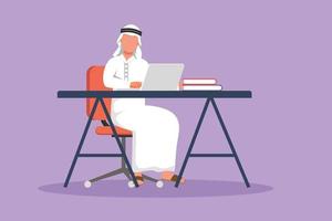 tecknad serie platt stil teckning arab affärsman arbetssätt och studerar med bärbar dator. arbetsyta med kontor skrivbord. intelligent manlig universitet studerande, uppkopplad utbildning. grafisk design vektor illustration