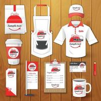 satz von restaurant corporate identity, burger, uniform, flyer, hemd, tasse, menü, paket, schürze, kaffeetassenvektorillustration vektor