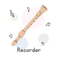 Recorder-Clipart-Cartoon-Stil. einfache flötenblockflöte holzblasinstrument flache vektorillustration. Blasinstrument handgezeichneter Doodle-Stil. Recorder-Vektor-Design vektor