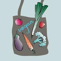Veganismus. bild der stofftasche mit obst und gemüse.ruf für ein leben ohne fleisch.flache illustration vektor