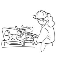 halv längd av kvinna Barista använder sig av maskin till göra kaffe illustration vektor hand dragen isolerat på vit bakgrund linje konst.