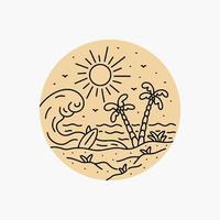 Coconut Beach und die Wellen für Abzeichen Patch Pin Emblem grafische Illustration Vektorgrafiken T-Shirt-Design vektor