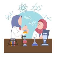 Zwei muslimische Mädchen in ihrer traditionellen Kleidung halten Wissenschaftskoffer in der Hand und zeigen damit ihr Interesse und ihre Leidenschaft für die Wissenschaft vektor