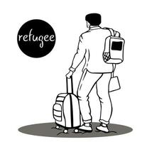 Flüchtling mit Koffer auf Rädern verlässt sein Land. lange reise, gefahr, wandern. tag der flüchtlinge. Familien fliehen vor dem Krieg über die Grenze in friedliches Gebiet. vektor