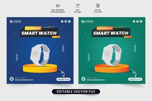 moderner Uhrenverkaufs-Social-Media-Postenvektor für eine Verkaufsförderung. Web-Banner-Design für Armbanduhrwerbung mit Podest- und Fotoplatzhaltern. wasserdichtes Smartwatch-Werbeplakatdesign. vektor