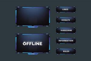 futuristisches Live-Gaming-Overlay-Template-Design mit blauer Farbe auf dunklem Hintergrund. Stream-Bildschirm-Schnittstellenelemente Vektor für den Online-Gamer. Rahmenranddesign für Live-Spiele mit Lichteffekt.