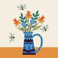 Frühlingskarte, Einladungen, Druck, hallo Frühling. quadratische Vorlage mit Blumen in einer blauen Vase und Bienen auf einem gelben Tisch. Vektor-Illustration. vektor