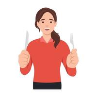 junge Frau mit Gabel und Messer. hungrige frau, die auf essen wartet. flache vektorillustration lokalisiert auf weißem hintergrund vektor
