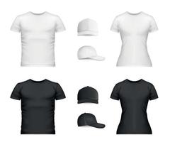 realistisches t-shirt-baseballmütze-modell-symbol-set vektor