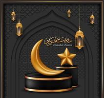 ramadan kareem mallar. islamic hälsning kort med gyllene dekoration, måne. stjärna, lykta och podium, isolerat på svart bakgrund. 3d vektor illustration