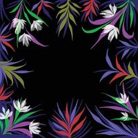 Schwarzer Hintergrund mit vektorbotanischen Blumen und Blättern Rahmen isoliert auf quadratischer Vorlage für Social-Media-Vorlagenabdeckung, Papier- und Schal-Textildruck, Poster, Broschüre und Hintergrund. vektor
