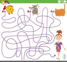 Linienlabyrinthaufgabe mit Mädchen- und Haustiercharakteren vektor