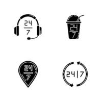 24 schwarze Glyphen-Symbole für 7-Stunden-Service auf Leerzeichen. Headset Zeichen der Kundenbetreuung. siebenundzwanzig offene Bar. Lieferung den ganzen Tag verfügbar. Silhouette Symbole. Vektor isolierte Illustration