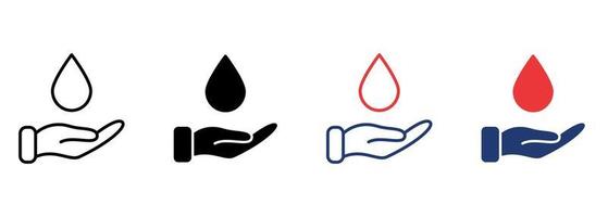 Hand halten Wassertropfen-Symbol. Wasser sparen, um der Welt zu helfen. Pflege, sparen, Wohltätigkeit, Freiwilligenarbeit und Spendenkonzept. Zeichen für Ökologie. editierbarer Strich. Vektor-Illustration. vektor