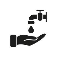 Waschen Sie Ihre Hände Silhouette Symbol. Wassertropfen, Wasserhahn oder Wasserhahn, schwarzes Symbol der menschlichen Hand. Vorkehrungen gegen Viren und Bakterien. präventionspiktogramm für medizinisches plakat. isolierte Vektorillustration. vektor