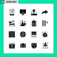 Packung mit 16 soliden Stil-Icon-Sets. Glyphensymbole für den Druck. kreative zeichen lokalisiert auf weißem hintergrund. 16 Symbolsatz. vektor