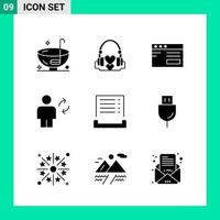 Packung mit 9 soliden Stil-Icon-Sets. Glyphensymbole für den Druck. kreative zeichen lokalisiert auf weißem hintergrund. 9 Symbolsatz. vektor