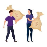 ungt par med pengarpåsar avatarer karaktärer vektor
