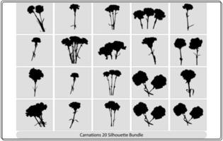 Blumensymbol. Nelkensilhouetten mit Blättern und Stielen. Blumenschablonen vektor