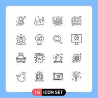 Stock Vector Icon Pack mit 16 Linienzeichen und Symbolen für Datenstudie Gewichtheben Profilkonto editierbare Vektordesign-Elemente