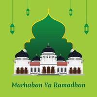 marhaban ya ramadhan gruß begrüßen den heiligen monat ramadhan mit masjid raya baiturrahman aceh vektorillustration, lokalisiert auf grünem hintergrund. vektor